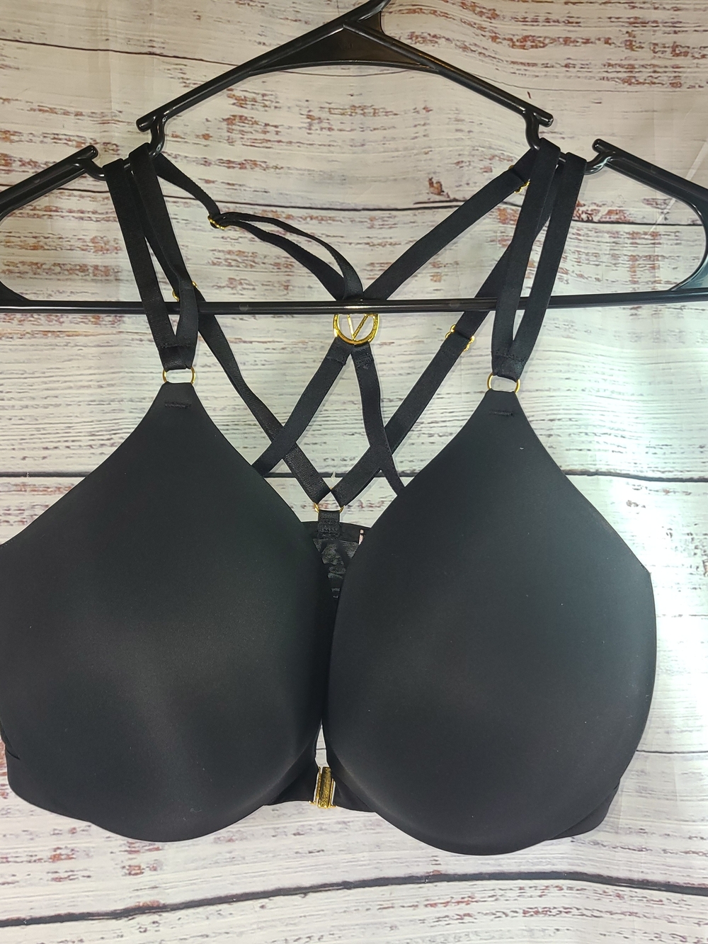 Victoria's Secret Black Strappy Front-Close Bra with Gold Hardware